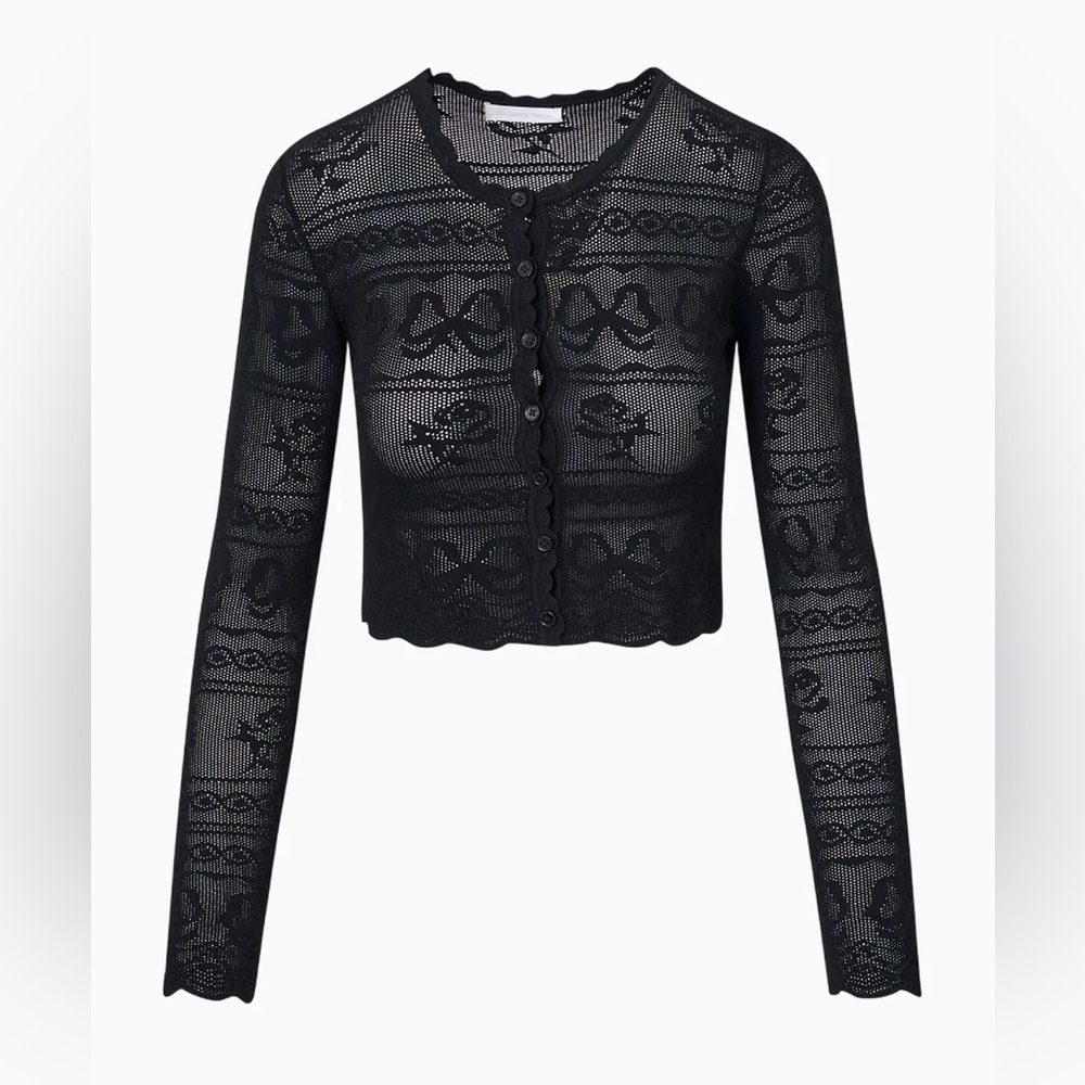 NWT Loveshackfancy Gretta Pointelle Knit Bow Cardigan Black | S - Picture 7 of 14
